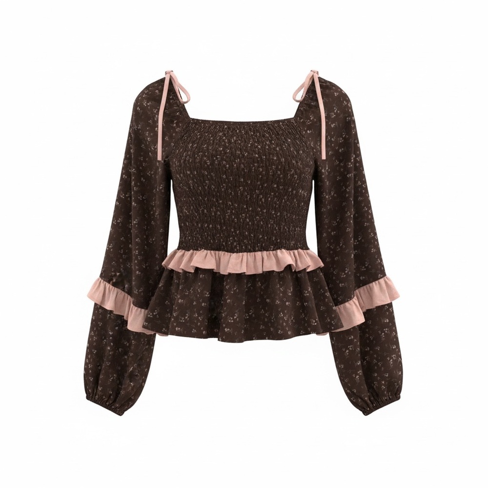 In February Floral Babydoll Peplum Top – Dark Chocolate Brown